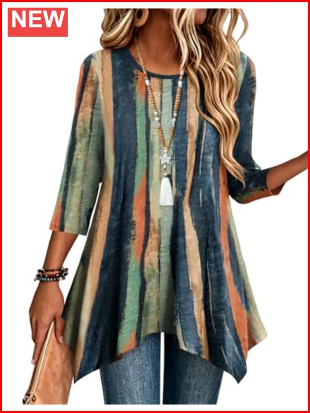 Women's 3/4 Sleeve Loose Fit Boho Tunic Top Plus Size Dressy Shirt